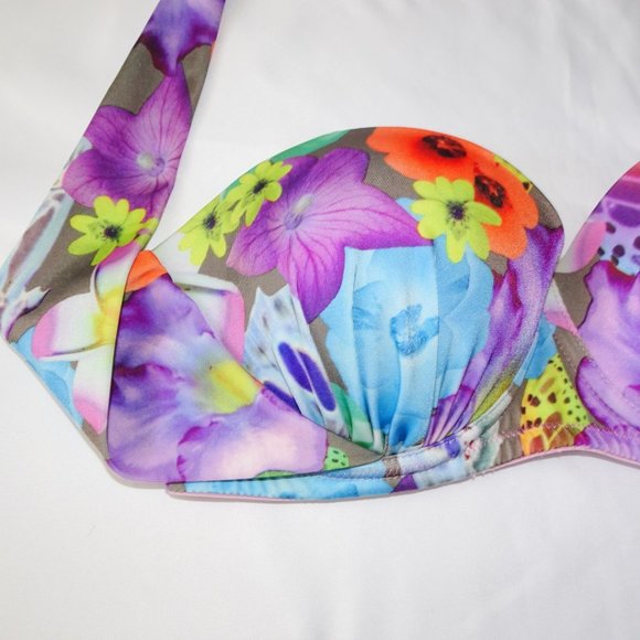 La Vie En Rose Aqua Floral Multicolor Halter Push Up Bikini Top - Picture 4 of 5